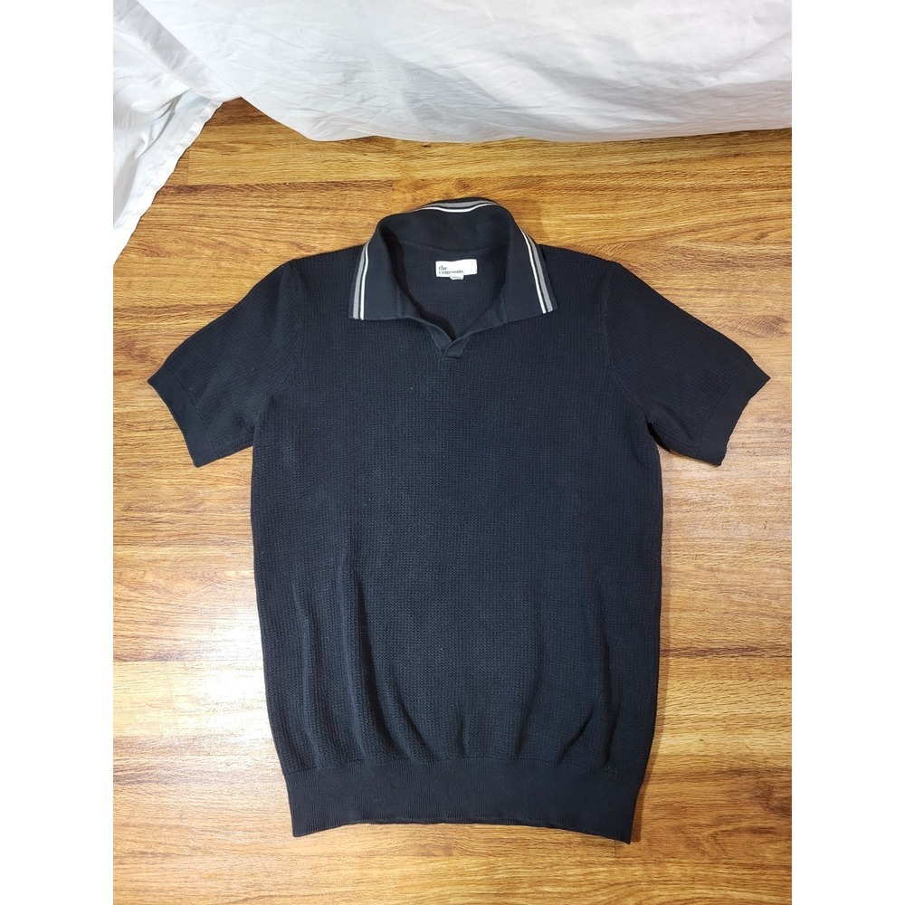 The Commons Polo Shirt Mens Medium Black Knit Johnny Collar Short Sleeve Cotton